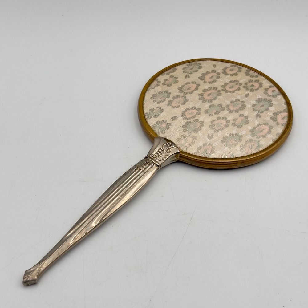 Vintage Floral Tapestry Hand Mirror Ornate Silver Tone Handle Round Vanity 11.5"